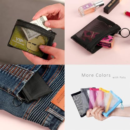 Patu Mini Zipper Mesh Bags, 3" x 4", Size XS / A8, 5 Pieces, Keychain Pouch Key Holder, Coin Purse, Clear Travel Kit Small Item Cosmetic Organizer, Black - size: XS A8, Mini (3" x 4", 5 pcs)