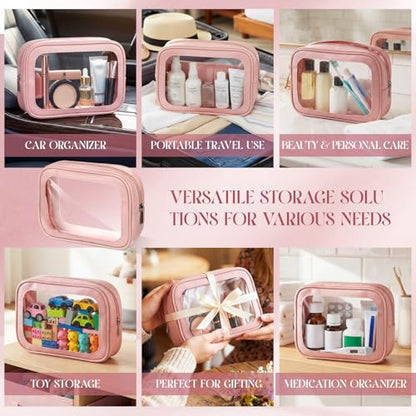Abbylike 4 Pcs Pink Clear Makeup Bag PU Leather Tsa Approved Toiletry Bag with Zipper Transparent Waterproof Portable Cosmetic Bags Travel Car Clear Organizer Bags for Women Girls Mother's Day - color: Pink