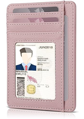 Teskyer Slim Wallet for Men, Minimalist Front Pocket RFID Blocking Leather Wallet Credit Card Holder for Men & Women - color: Lichee Dark pink
