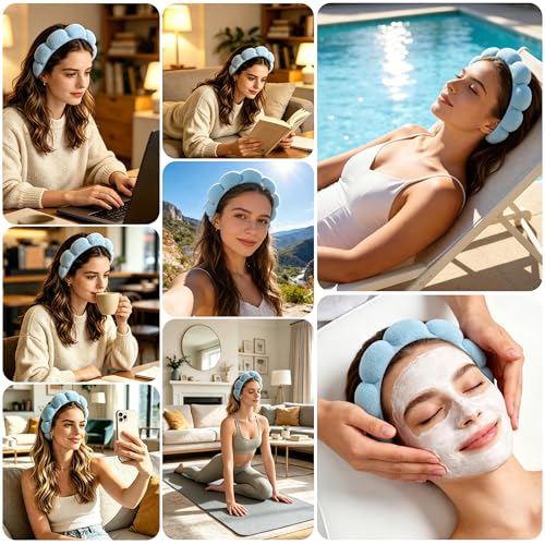 Real Perfection Spa Headband for Washing Face, Skincare Headband Wristband Set for Facial Mask Skin Care, Makeup Remover Towel Cloth Small Spray Bottle with Travel Makeup Bag Gifts for Women - Blue - color: Blue