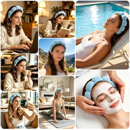 Real Perfection Spa Headband for Washing Face, Skincare Headband Wristband Set for Facial Mask Skin Care, Makeup Remover Towel Cloth Small Spray Bottle with Travel Makeup Bag Gifts for Women - Blue - color: Blue
