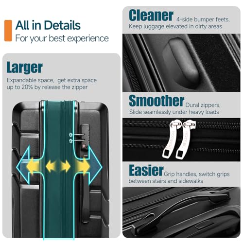 Hoteel Luggage Sets 3 Piece, 4-Yr Warranty, PC+ABS Hard Shell Expandable Suitcases with Wheels, TSA Aproved Lock and Carry on Bags, Travel Suit Case Set for Men and Women, (3-Piece, Black) - color: Black, size: 3 Piece Set (Expandable 20/DB/TB)