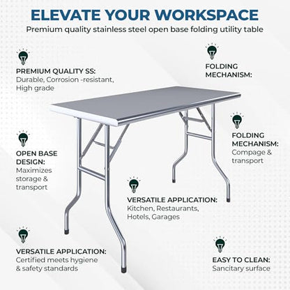 Premium Quality Stainless Steel Open Base Folding Utility Table - Folding Work Table for Commercial Kitchen, Restaurant, Hotel and Garage - NSF (24" x 48") - size: 24" x 48"