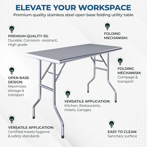 Premium Quality Stainless Steel Open Base Folding Utility Table - Folding Work Table for Commercial Kitchen, Restaurant, Hotel and Garage - NSF (24" x 60") - size: 24" x 60"
