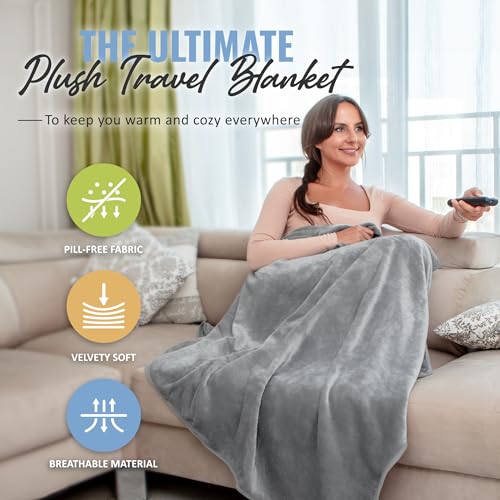 BOACAY Soft & Warm Travel Blanket for Airplane & Car - Long Flight Essential for Women, Men, Kids - Compact Pillow with Luggage Sleeve & Backpack Clip - color: Gray