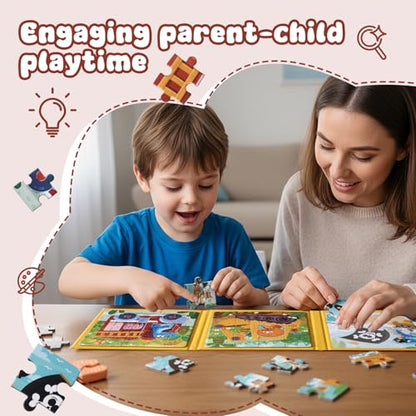 Magnetic Puzzles for Toddlers 3-5 Years, 3 in 1 Vehicle & Adventure Toys with 9/16/25 PCS, Travel Activity for Boys and Girls, Preschool Puzzle Game with Pirate Ship, Digger, Fire Truck - color: Yellow