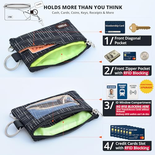RFID Blocking Travel Wallet with Adjustable Lanyard, Small Nylon Zipper Pouch and Badge Holder for ID, Credit Cards, Cash, Keys, Commuters (Black+) - color: Black+