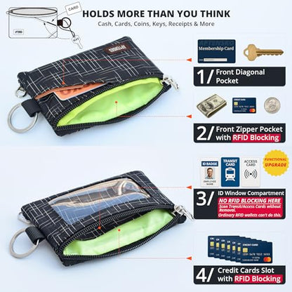 RFID Blocking Travel Wallet with Adjustable Lanyard, Small Nylon Zipper Pouch and Badge Holder for ID, Credit Cards, Cash, Keys, Commuters (Black+) - color: Black+