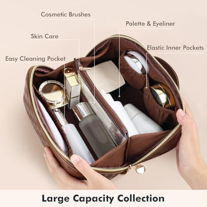 Prite Makeup Bag for Women Travel Waterproof Vegan Leather Cosmetic Bag Open Flat Toiletry Bag With Clear Divider and Handle (Plaid Brown, Medium) - color: Plaid Brown, size: Medium