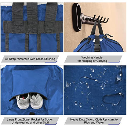 BeeGreen Laundry-Bag-Backpack-Heavy-Duty, Royal Blue Nylon Drawstring Portable Laundry Backpack Tall Foldable Extra Large Dirty Clothes Travel Bag with Handle College Dorm Apartment Essentials - color: Royal Blue, style: With Front Zipper Pocket