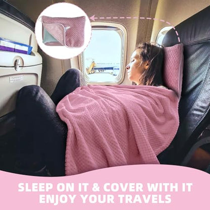 3 in 1 Travel Blanket Pillow Set - 350 GSM Thick Travel Blanket Airplane Compact with Bag, Soft Bag with a Pocket, Inflatable Travel Pillow for Camping & Car Trip (Blush Pink) - color: Blush Pink