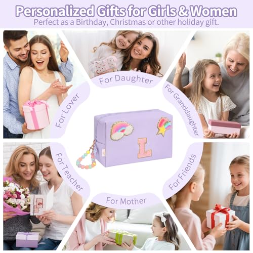 Initial Makeup Bag for Girls, Cute Makeup Bag Small Cosmetic Bag Travel Make Up Organizer Pouch, Birthday Gifts for Girls 4 5 6 7 8 9 10 11 12 13 14 15 Years Old, Teen Girls Gifts Trendy Stuff - color: Purple + Bracelet, style: L