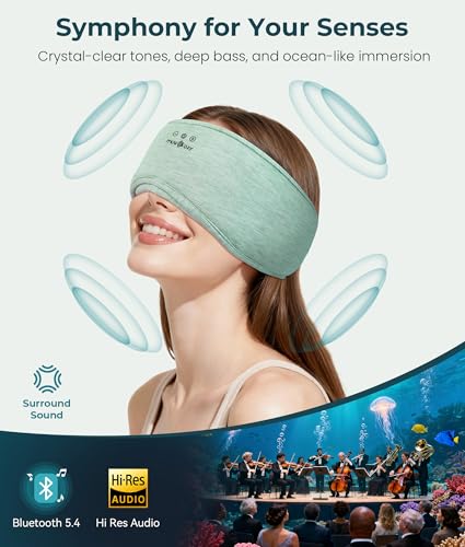 MUSICOZY Bluetooth 5.4 Sleep Headphones Eye Mask with Seaweed Fiber Cotton, Ultra Soft Fully Wrapped Sleep Mask with Headphones for Side Sleepers, 14 Hours Playtime, Gifts for Men Women - color: Light Green