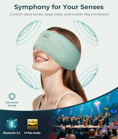 MUSICOZY Bluetooth 5.4 Sleep Headphones Eye Mask with Seaweed Fiber Cotton, Ultra Soft Fully Wrapped Sleep Mask with Headphones for Side Sleepers, 14 Hours Playtime, Gifts for Men Women - color: Light Green
