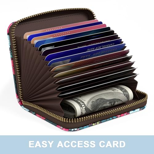 Aiawoxc Credit Card Holder, Small RFID Wallet Slim Leather Card Organizer Case with Zipper and Wristlet Strap, Elegant Flowers - color: B-Elegant Flowers, size: Wrist Strap