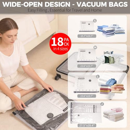 18 Pack Vacuum Storage Bags with Rechargeable Electric Air Pump (6J+3L+6M+3S), Space Saver Vacuum Sealer Bags for Clothing, Blankets, Bedding, Comforters and Pillows - size: 18 combo bags + Electric Pump
