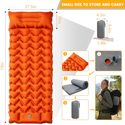 4-Inch Thick Camping Sleeping Pad with Foot Pump & Pillow, Inflatable Sleeping Mat for Side Sleepers, Stays Firm Overnight, Ultralight for Backpacking, Music Festivals & Car Camping - color: Orange+gray