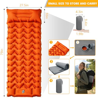 4-Inch Thick Camping Sleeping Pad with Foot Pump & Pillow, Inflatable Sleeping Mat for Side Sleepers, Stays Firm Overnight, Ultralight for Backpacking, Music Festivals & Car Camping - color: Orange+gray