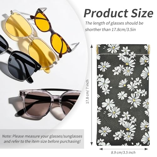 Glasses Case Soft, Eyeglass Cases for Women Portable Squeeze Top PU Leather 2 Pack Glasses Pouch with Cleaning Cloth - color: 2pcs Black Daisy+green Daisy