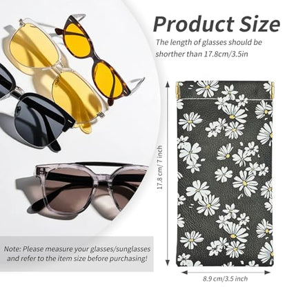 Glasses Case Soft, Eyeglass Cases for Women Portable Squeeze Top PU Leather 2 Pack Glasses Pouch with Cleaning Cloth - color: 2pcs Black Daisy+green Daisy