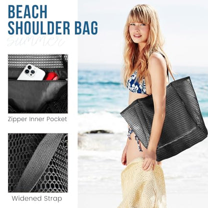 HOHOM Beach Bags for Women, Summer Travel Mesh Tote Bag with Large Inner Pocket, Sandproof Woven Shoulder Handbag - color: Coal Black