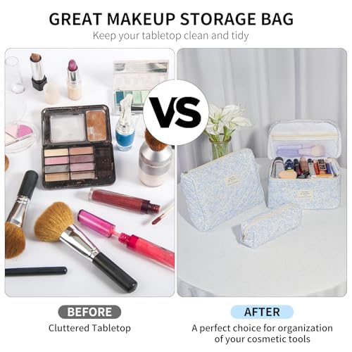 senbowe Floral Makeup Bag, 3 Pack Large Cotton Quilted Makeup Bag Set, Cute Floral Coquette Aesthetic Toiletry Bag Make Up Cosmetic Bag for Women, Toiletry Travel Make Up Organizer Bag - color: Light Blue Flower