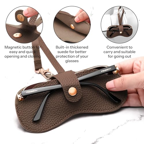FEISEDY Soft Leather Sunglass Case-Slim Portable Glasses Holder with Button-Closure Wrist Strap for Travel & Outdoor B0308 - color: Khaki