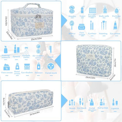 Gosect 3pc Makeup Bag Set, Quilted Makeup Bag Set, Large Floral Cosmetic Bag for Women, Cute Cotton Makeup Bags, Flower Travel Toiletry Organizer Bag (Checkered) - color: Checkered