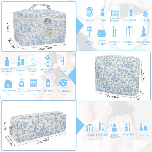 Gosect 3pc Makeup Bag Set, Quilted Makeup Bag Set, Large Floral Cosmetic Bag for Women, Cute Cotton Makeup Bags, Flower Travel Toiletry Organizer Bag (Checkered) - color: Checkered