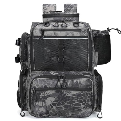 Rabjen Fishing Tackle Backpack with Rod Holders, Bottle Holder, Storage Bag Store Fishing Gear - color: Camouflage Black