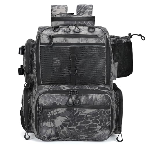 Rabjen Fishing Tackle Backpack with Rod Holders, Bottle Holder, Storage Bag Store Fishing Gear - color: Camouflage Black