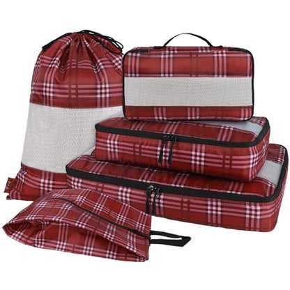 U+U 5 Set Packing Cubes for Travel Essentials Ultralight Luggage Packing Organizers with Laundry Bag and Shoe Bag for Vacation, Business Trip and Camping (Burgundy Checkered) - color: Burgundy Checkered