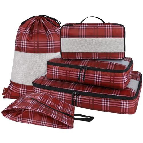 U+U 5 Set Packing Cubes for Travel Essentials Ultralight Luggage Packing Organizers with Laundry Bag and Shoe Bag for Vacation, Business Trip and Camping (Burgundy Checkered) - color: Burgundy Checkered