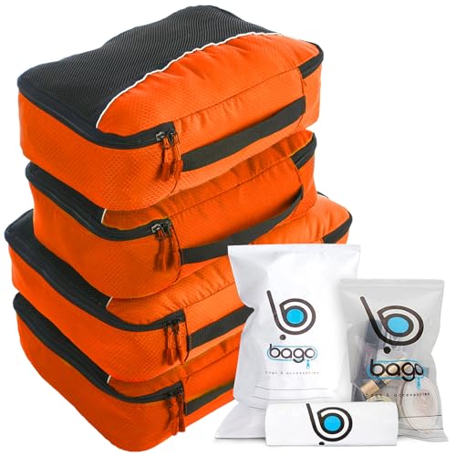 bago 7 Pcs Packing Cubes For Travel - 4 Packing Cube with 3 ZipLock Bags - Travel Cubes to Get Maximum Storage, Save Time & Effort to Pack - Happy Traveling (Orange) - color: Orange, size: 4pcs Set