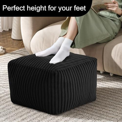 MeMoreCool Square Stuffed Pouf Ottoman Foot Rest, Stripe Furry Floor Pouf Foot Stool with Foam Chunk Filling, Soft Fluffy Stuffed Ottoman Footrest for Living Room, Faux Fur Black - color: Ribbed Black
