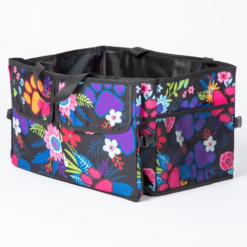 GreaterGood Collapsible Paw Print Car Trunk Organizer with 6 Pockets Truck SUV and Sedan Caddy With Compartment Vehicle Storage Container (Garden of Paws) - color: Garden of Paws