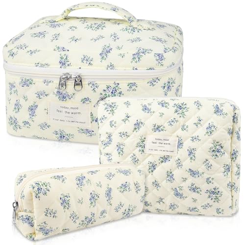 Gosect Makeup Bag Set, Quilted Makeup Bag, Large Floral Cosmetic Bag for Women, Cute Cotton Makeup Bags, Flower Travel Toiletry Organizer Bag (Blue Floer) - color: LSHK