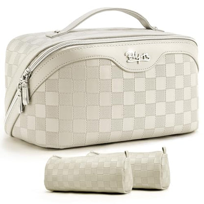 BOYATU Travel Makeup Bag Organizer: 3 Pcs Set Large Capacity Cosmetic Bags Holds 10–20 100ml Full-Size Bottles - 180°Open-Flat Make up Case 3-sec touch-up - Toiletry Bag Gift women (01-D-Beige) - color: 01-E-Beige