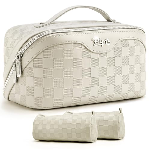 BOYATU Travel Makeup Bag Organizer: 3 Pcs Set Large Capacity Cosmetic Bags Holds 10–20 100ml Full-Size Bottles - 180°Open-Flat Make up Case 3-sec touch-up - Toiletry Bag Gift women (01-D-Beige) - color: 01-E-Beige