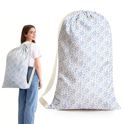 College Laundry Bag 29"×18", Waterproof Dirty Clothes Bag with Handles & Locking Drawstring, Large Capacity Floral Laundry Backpack for Dorm, Laundromat, Apartment, Travel & Camping (Blue)