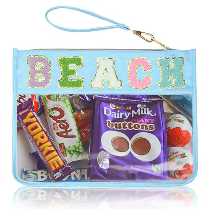 Chenille Letter Clear Zipper Pouch for Travel Preppy Patch Makeup Bag-Nylon Cosmetic Preppy Makeup Waterproof Organizer Bag Set for Women Valentines Bag (BL-BEACH) - color: BL-BEACH