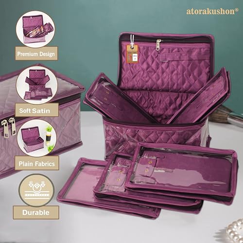 atorakushon Satin Makeup Pouches Cosmetic Necklace Earrings Jewellery Organizer For Women Maroon (Purple) - color: Purple