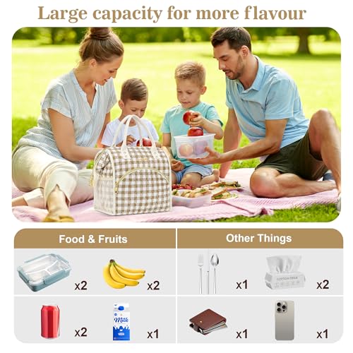 LOKASS Insulated Lunch Bag Women- Reusable 10 L Lunch Box for Women - Leakproof Tote Cooler Bag for Adults Work, Beach, Travel, Picnic （Brown&White Diamond Grid） - color: Brown Check