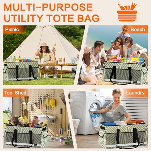 Upgrade Extra Large Utility Tote Bag with Reflective Strip, Standing Reusable Grocery Bags with Hard Bottom, Collapsible Utility Tote with Handles for Shopping, Beach, Picnics, Car, Twill Green - color: Twill Green