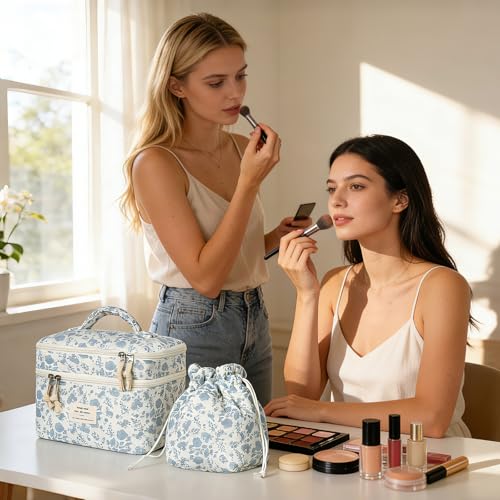 Gosect Makeup Bag, 2pc Quilted Cosmetic Bag Set, Drawstring Makeup Bag with Canvas Lining + Large Floral Toiletry Bag for Women Girls, Cute Cotton Flower Travel Organizer Bag (Blue Flowers - color: Blue Pattern