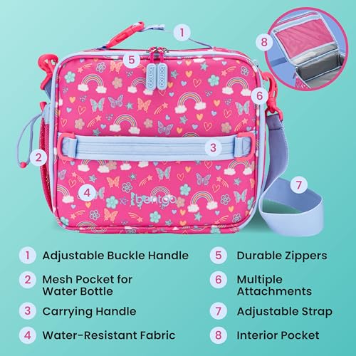 Bentgo Kids Lunch Bag - Double-Insulated, Reusable Lunch Bag for Kids 3+ with Adjustable Strap; Holds Lunch Box/Water Bottle/Snacks; Easy-Clean, Water-Resistant & Pockets (Rainbows & Butterflies) - color: Rainbows & Butterflies