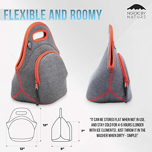 Nordic By Nature Insulated Neoprene Lunch Bag, Soft & Foldable Washable & Reusable Extra-Pocket (M) Dark Grey/Red - color: Darkgray/Red, size: Medium