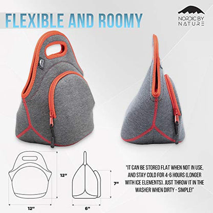 Nordic By Nature Insulated Neoprene Lunch Bag, Soft & Foldable Washable & Reusable Extra-Pocket (M) Dark Grey/Red - color: Darkgray/Red, size: Medium