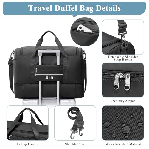 Travel Duffel Bag, Carry-on Overnight Weekender Bags with Shoes Compartment | For Spirit Airlines 18x14x8 Personal Item Bag,Wet Pocket,3 Pcs Set,Small - color: Black 3Pcs Set, size: Small