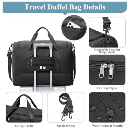 Travel Duffel Bag, Carry-on Overnight Weekender Bags with Shoes Compartment | For Spirit Airlines 18x14x8 Personal Item Bag,Wet Pocket,3 Pcs Set,Small - color: Black 3Pcs Set, size: Small